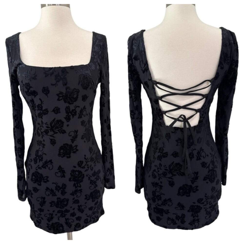 NWT Black Velvet Rose Burnout Bodycon Dress M Whimsigoth Fairy Goth Sheer Sleeve - Picture 1 of 10